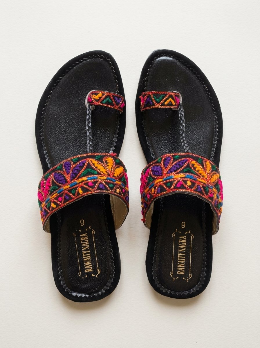 Handcrafted Multi-Color Phulkari Embroidered Kolhapuri Chappal (Black Leather) – Canada - Image 8
