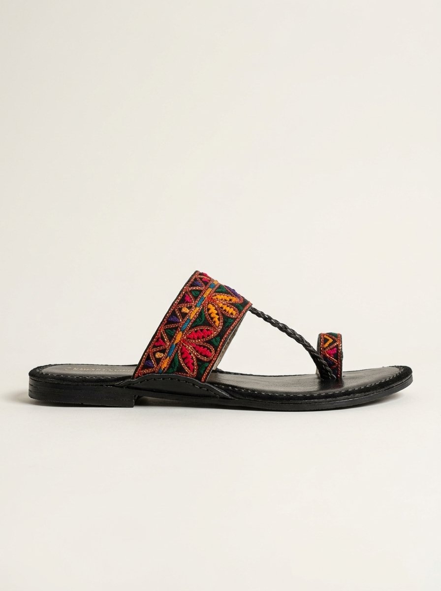 Handcrafted Multi-Color Phulkari Embroidered Kolhapuri Chappal (Black Leather) – Canada - Image 9