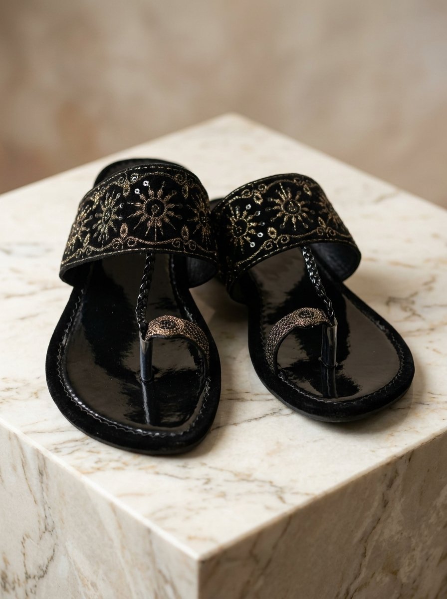 Royal Black Velvet & Antique Gold Tilla Embroidered Kolhapuri Chappal with Sequins – Canada - Image 4