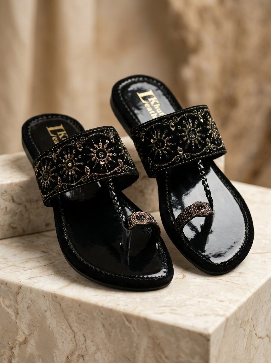 Royal Black Velvet & Antique Gold Tilla Embroidered Kolhapuri Chappal with Sequins – Canada - Image 6