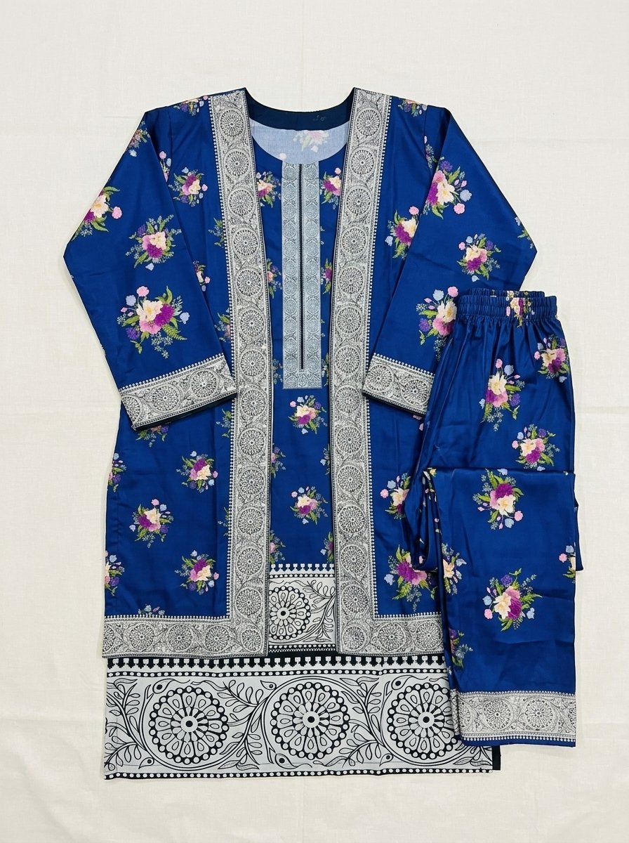 Navy Floral Plush Micro-Velvet 3-Piece Ensemble (Kurti, Open Shrug Jacket & Trouser) – Canada - Image 11