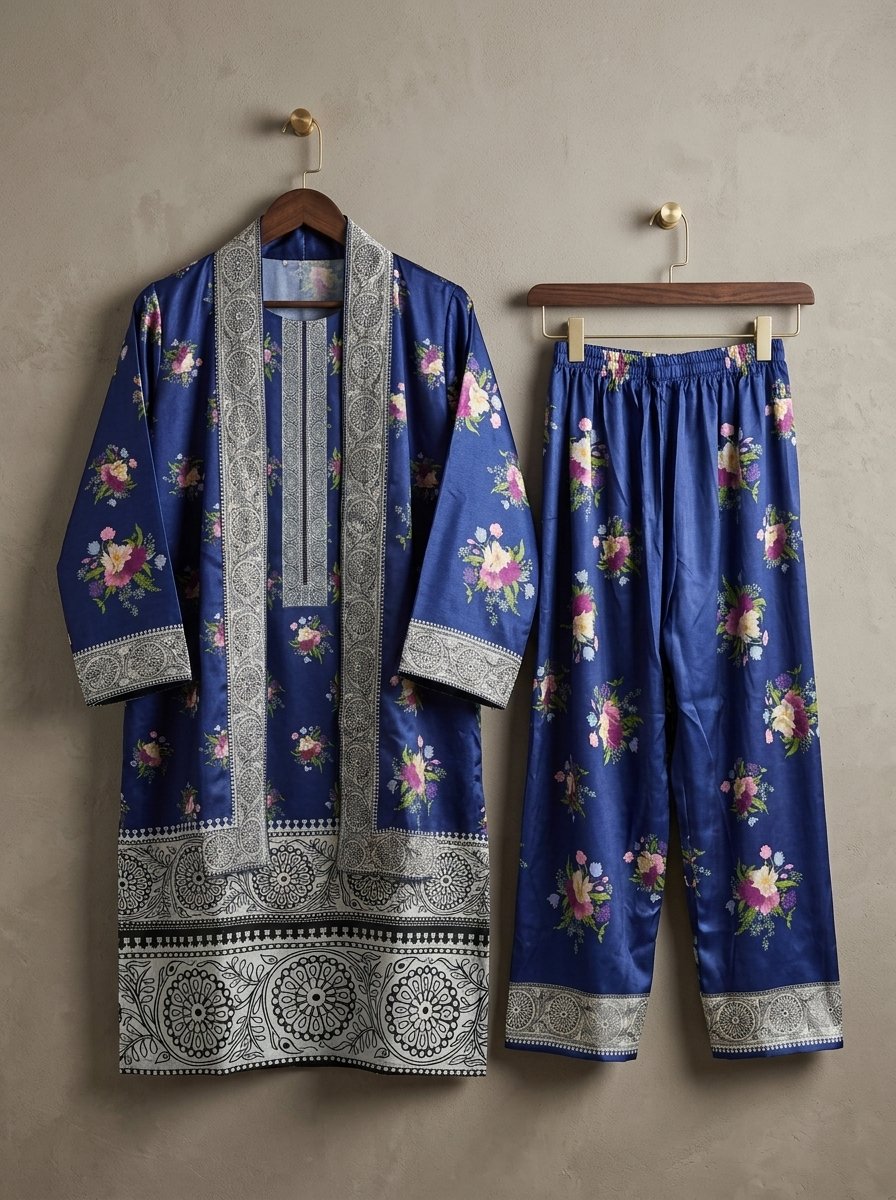 Navy Floral Plush Micro-Velvet 3-Piece Ensemble (Kurti, Open Shrug Jacket & Trouser) – Canada - Image 13
