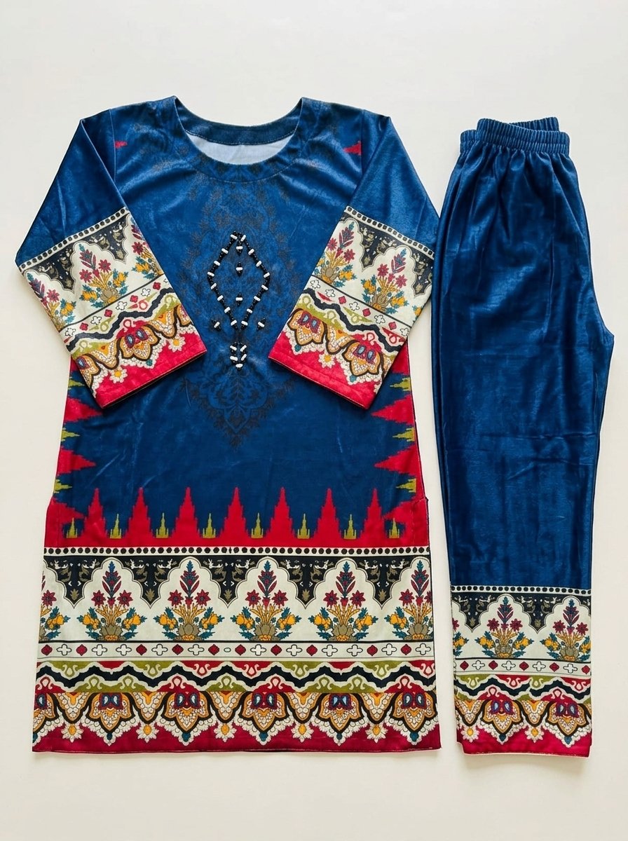 Steel Blue & Silver Digital Print Plush Velvet 2-Piece Kurti & Wide Trouser Set – Canada - Image 7