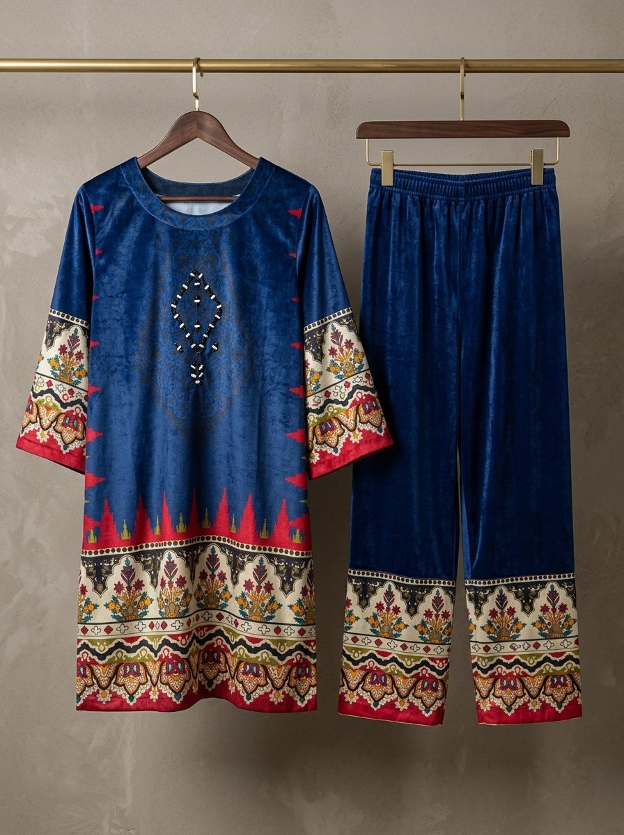 Steel Blue & Silver Digital Print Plush Velvet 2-Piece Kurti & Wide Trouser Set – Canada - Image 8