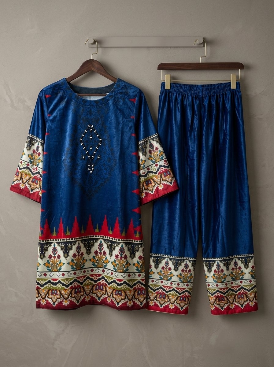 Steel Blue & Silver Digital Print Plush Velvet 2-Piece Kurti & Wide Trouser Set – Canada - Image 12