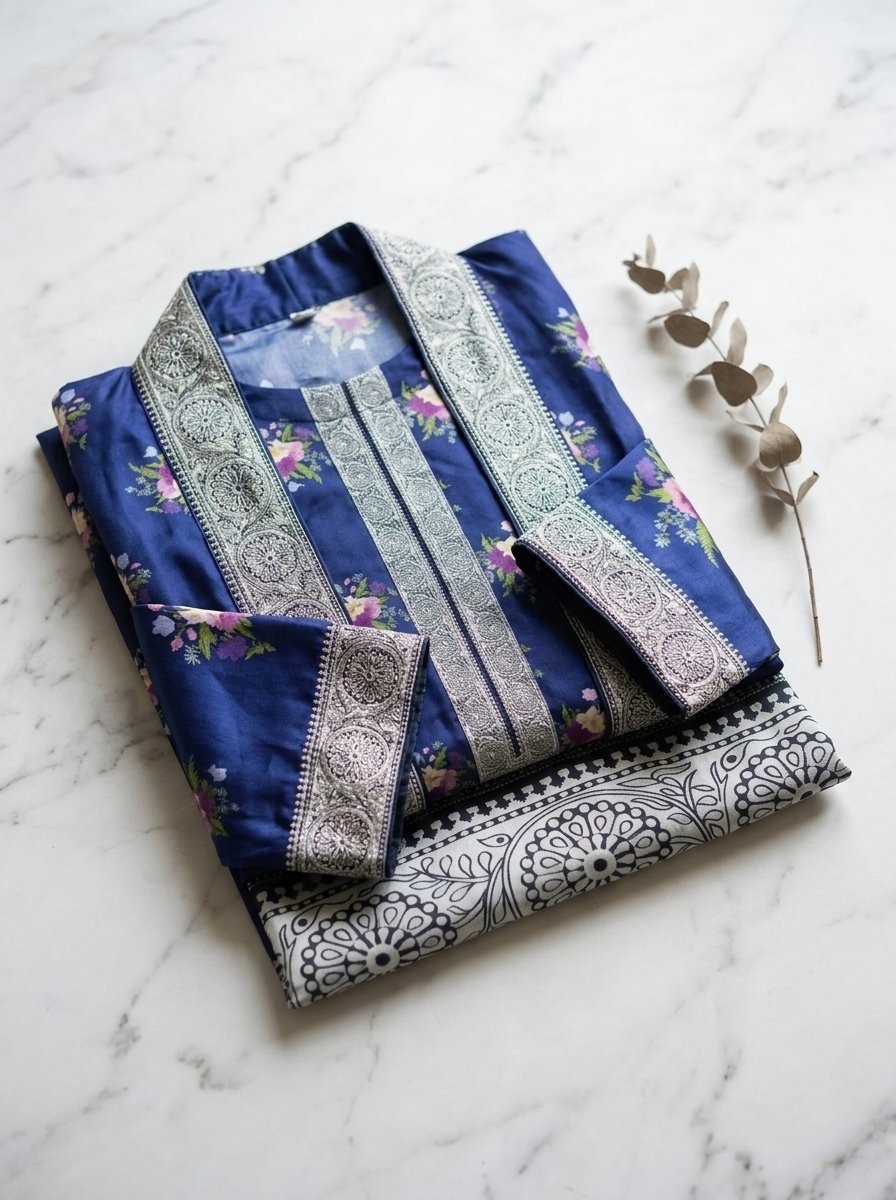 Navy Floral Plush Micro-Velvet 3-Piece Ensemble (Kurti, Open Shrug Jacket & Trouser) – Canada - Image 18