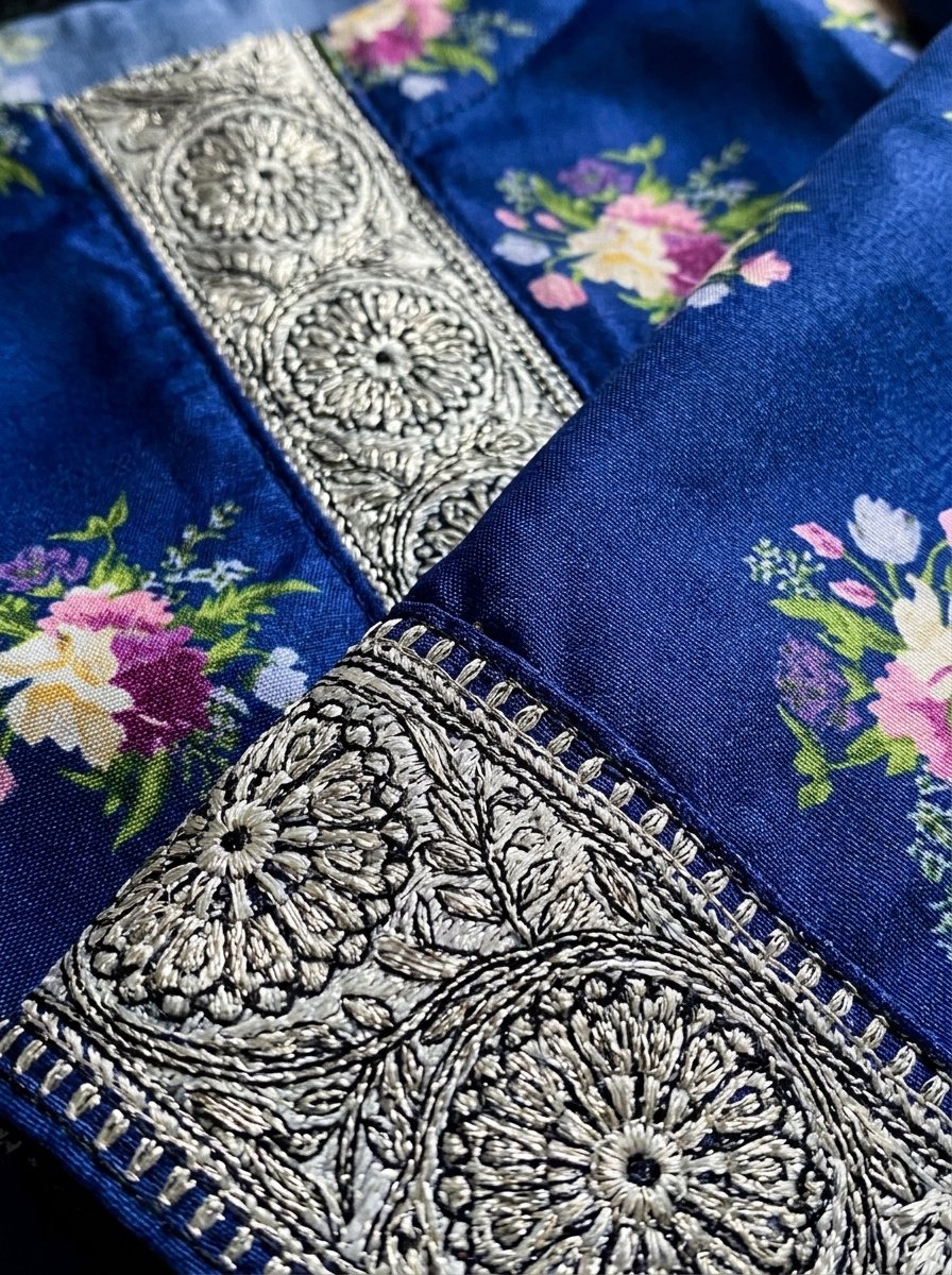 Navy Floral Plush Micro-Velvet 3-Piece Ensemble (Kurti, Open Shrug Jacket & Trouser) – Canada - Image 17