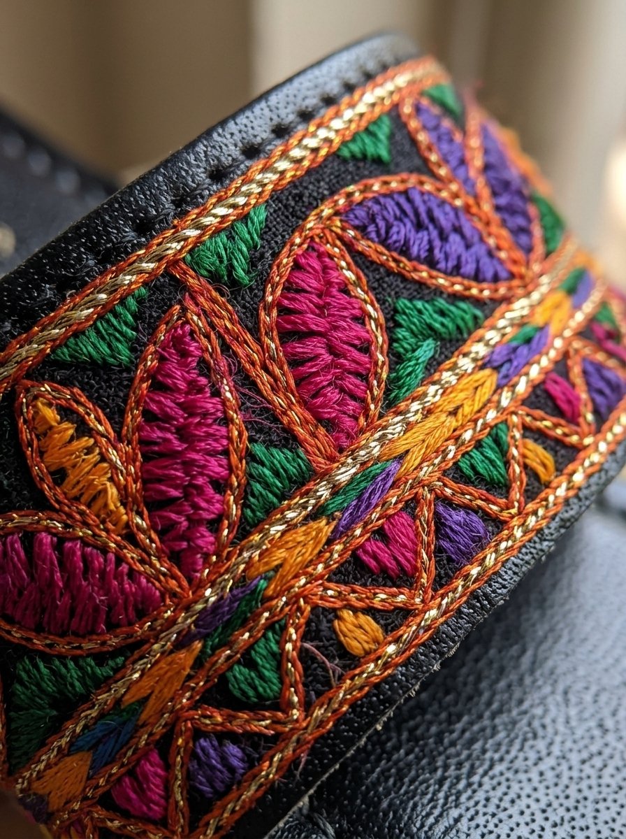 Handcrafted Multi-Color Phulkari Embroidered Kolhapuri Chappal (Black Leather) – Canada - Image 5