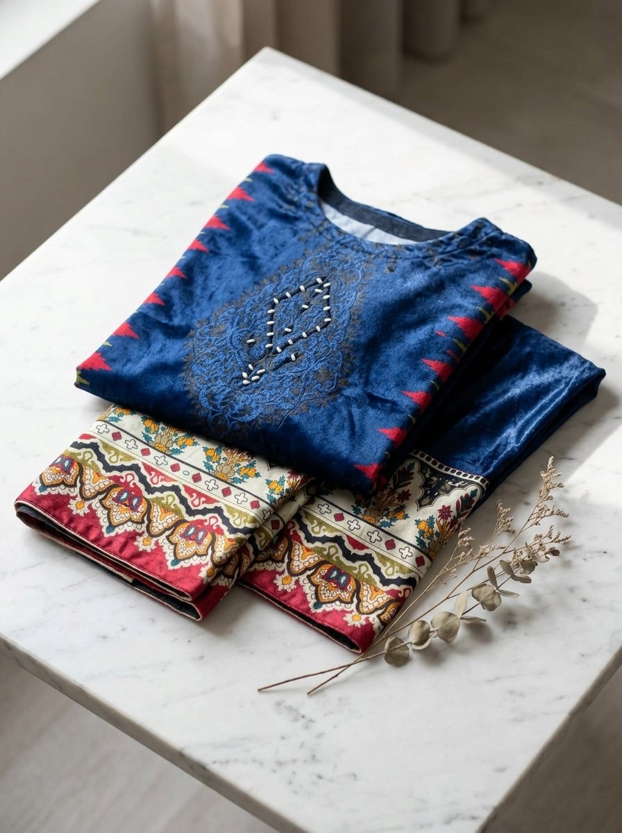 Steel Blue & Silver Digital Print Plush Velvet 2-Piece Kurti & Wide Trouser Set – Canada - Image 9