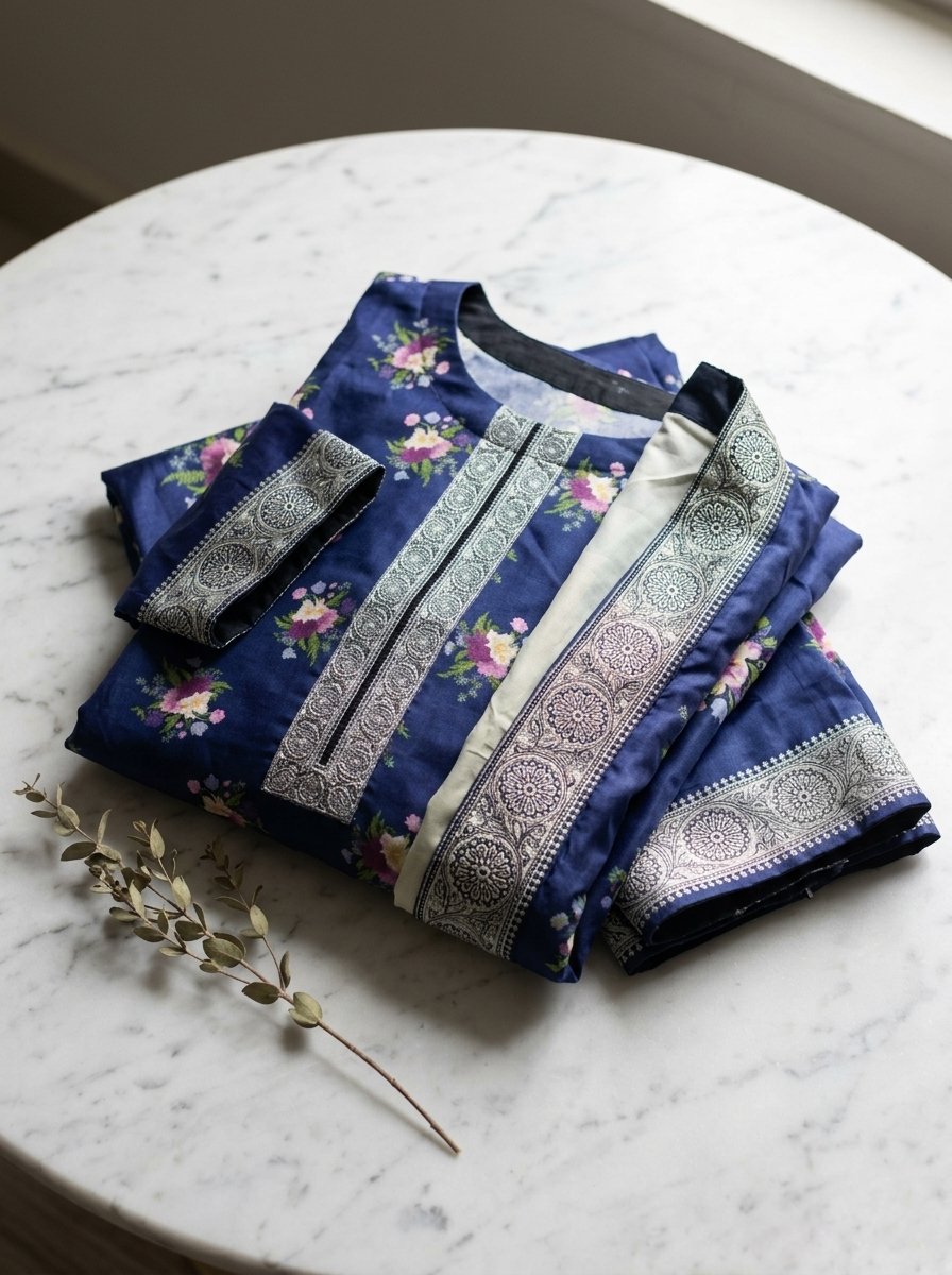 Navy Floral Plush Micro-Velvet 3-Piece Ensemble (Kurti, Open Shrug Jacket & Trouser) – Canada - Image 19