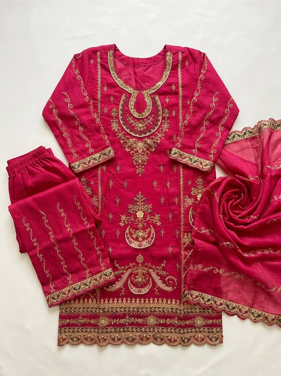 Luxury Deep Crimson Red Heavy Embroidered Winter Khaddar 3-Piece Suit – Ready to Ship Canada - Image 10