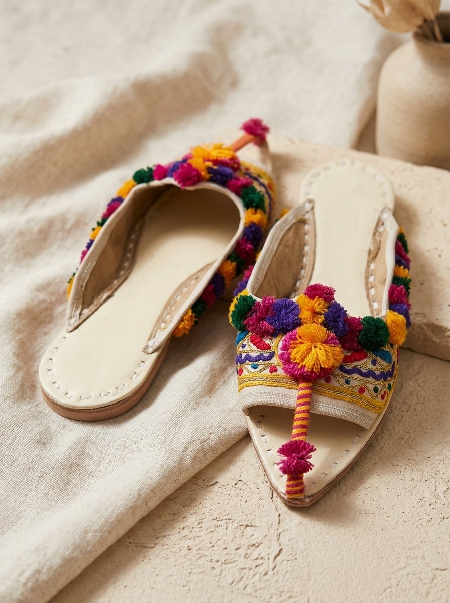 Multani Pompom Pointed Open-Back Khussa Mule (Off-White Ivory Leather) – Canada - Image 7