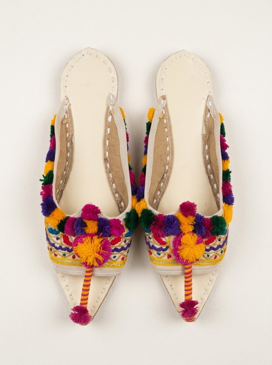 Multani Pompom Pointed Open-Back Khussa Mule (Off-White Ivory Leather) – Canada - Image 3