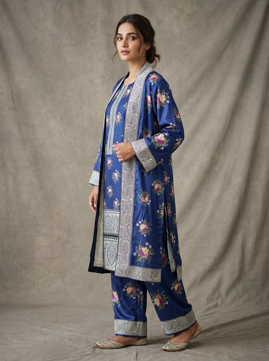 Navy Floral Plush Micro-Velvet 3-Piece Ensemble (Kurti, Open Shrug Jacket & Trouser) – Canada - Image 6