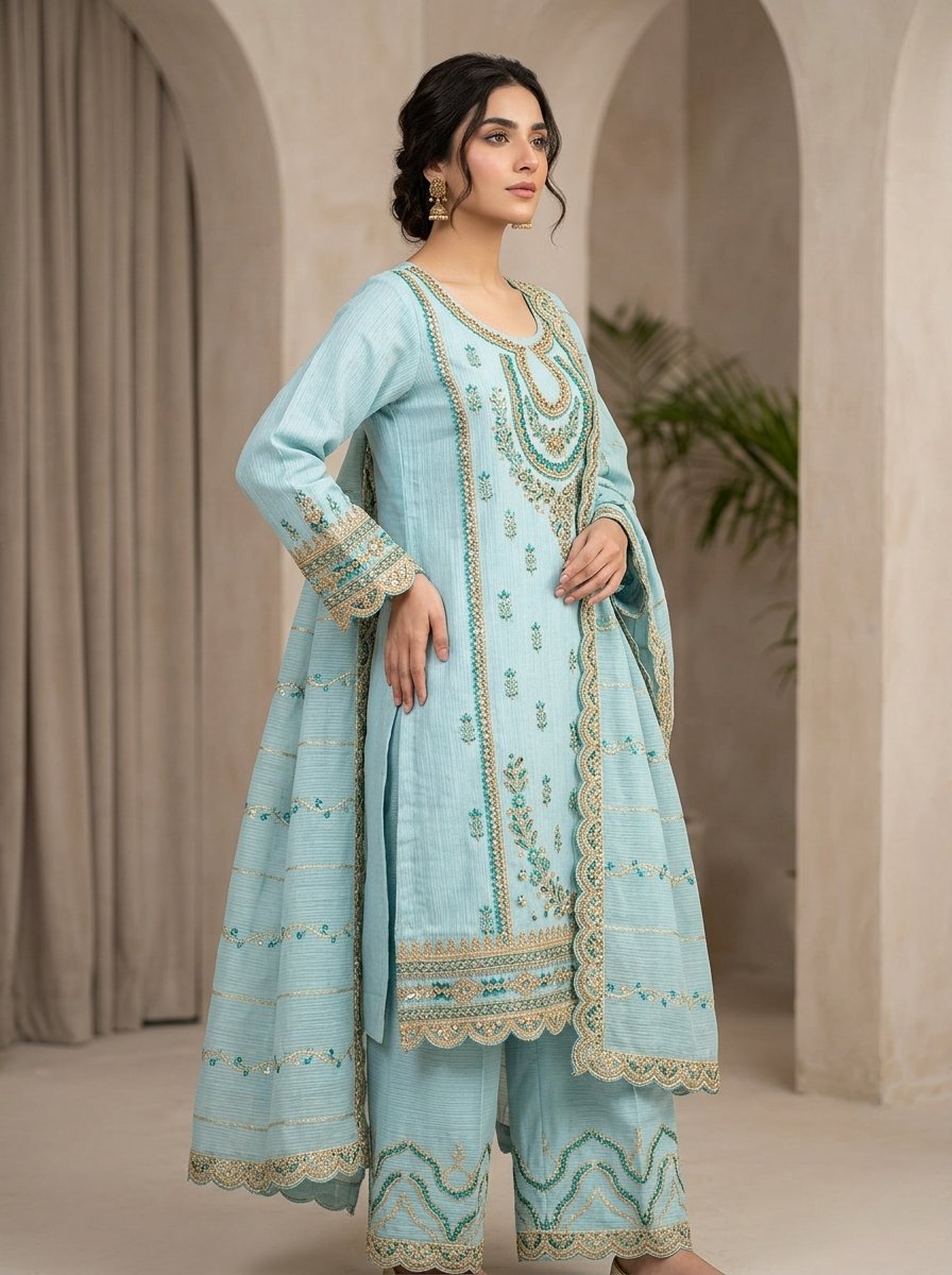 Pastel Ice Blue Heavy Embroidered Winter Khaddar 3-Piece Suit – Ready to Ship Canada - Image 4