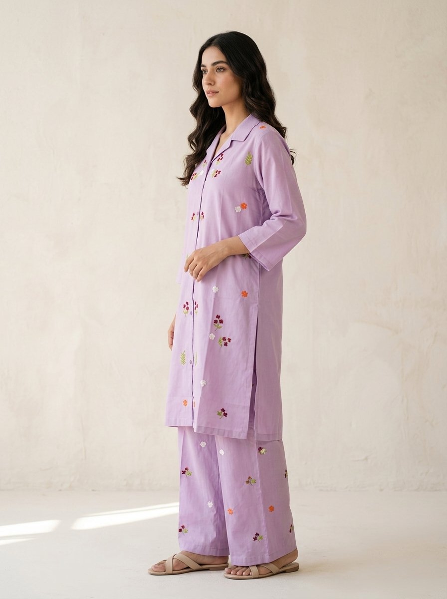 Royal Purple Structured Winter Cotton Collared Tunic & Trouser Set (2-Piece) – Canada - Image 3