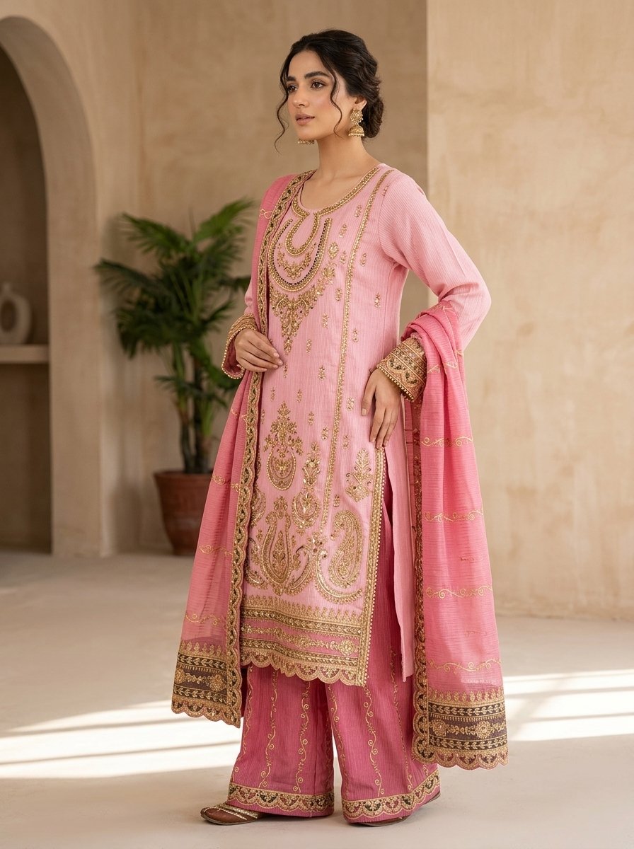 Blush Baby Pink Heavy Embroidered Winter Khaddar 3-Piece Suit – Ready to Ship Canada - Image 4