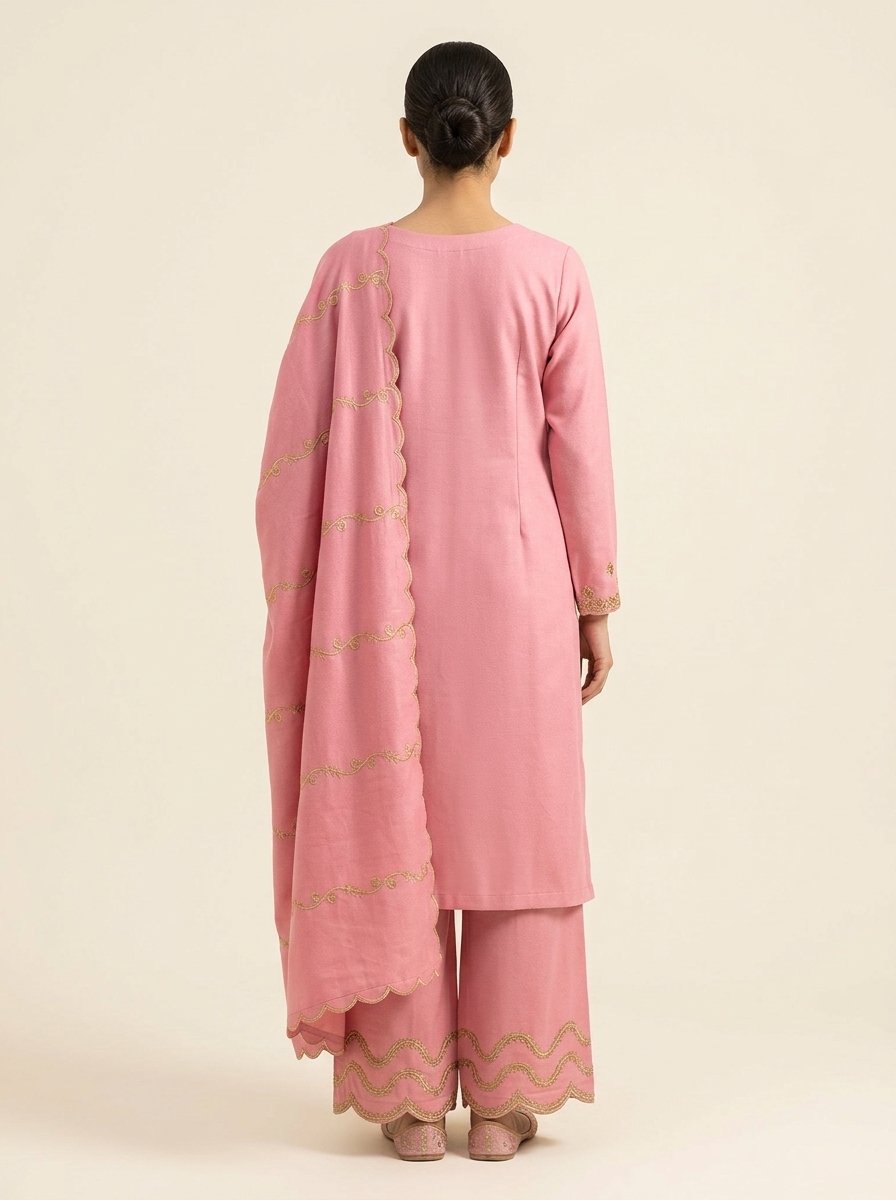 Blush Baby Pink Heavy Embroidered Winter Khaddar 3-Piece Suit – Ready to Ship Canada - Image 5