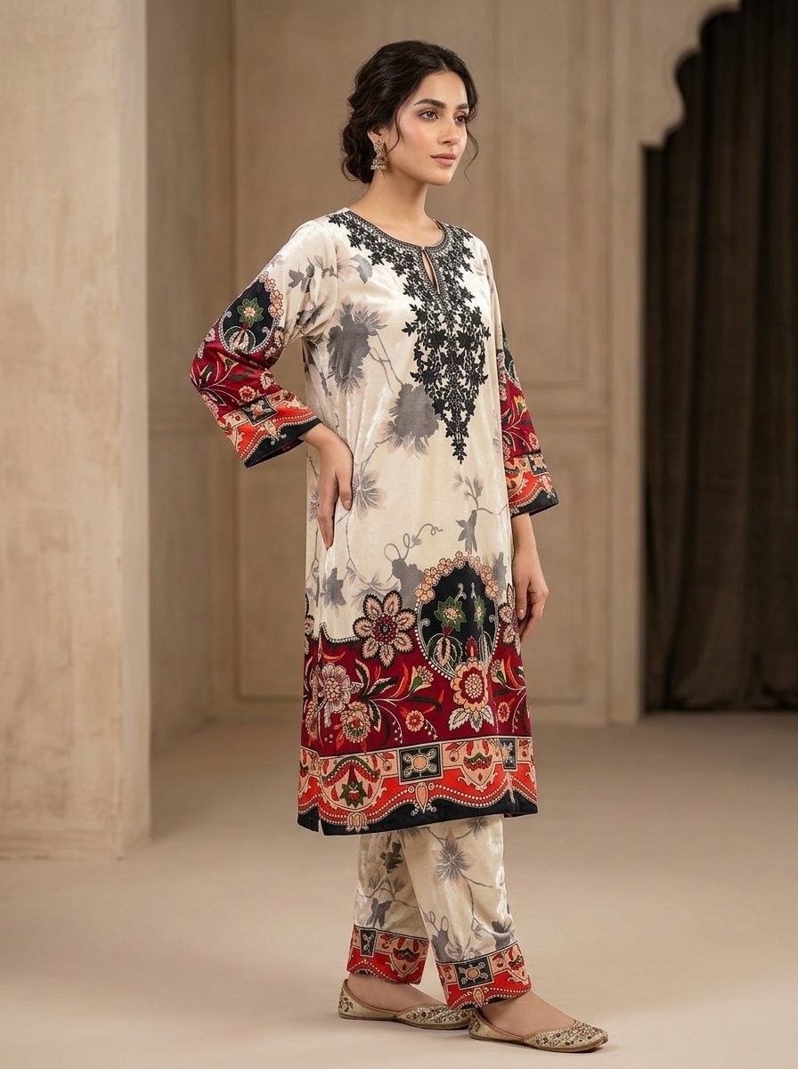 Warm Cream & Deep Maroon Damask Digital Print Plush Velvet 2-Piece Kurti & Trouser – Canada - Image 3