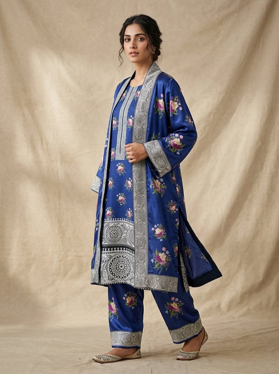 Navy Floral Plush Micro-Velvet 3-Piece Ensemble (Kurti, Open Shrug Jacket & Trouser) – Canada - Image 9
