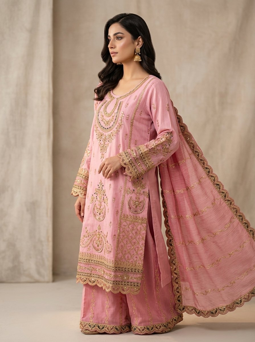 Blush Baby Pink Heavy Embroidered Winter Khaddar 3-Piece Suit – Ready to Ship Canada - Image 9