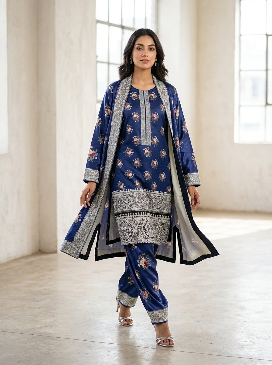 Navy Floral Plush Micro-Velvet 3-Piece Ensemble (Kurti, Open Shrug Jacket & Trouser) – Canada - Image 7