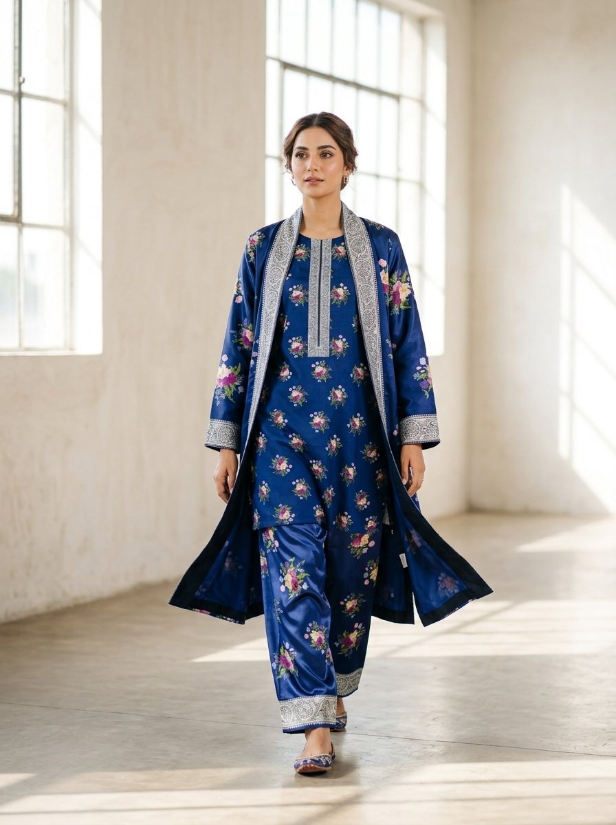 Navy Floral Plush Micro-Velvet 3-Piece Ensemble (Kurti, Open Shrug Jacket & Trouser) – Canada - Image 8