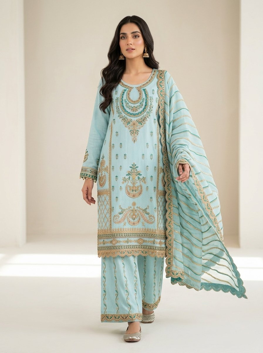 Pastel Ice Blue Heavy Embroidered Winter Khaddar 3-Piece Suit – Ready to Ship Canada - Image 5