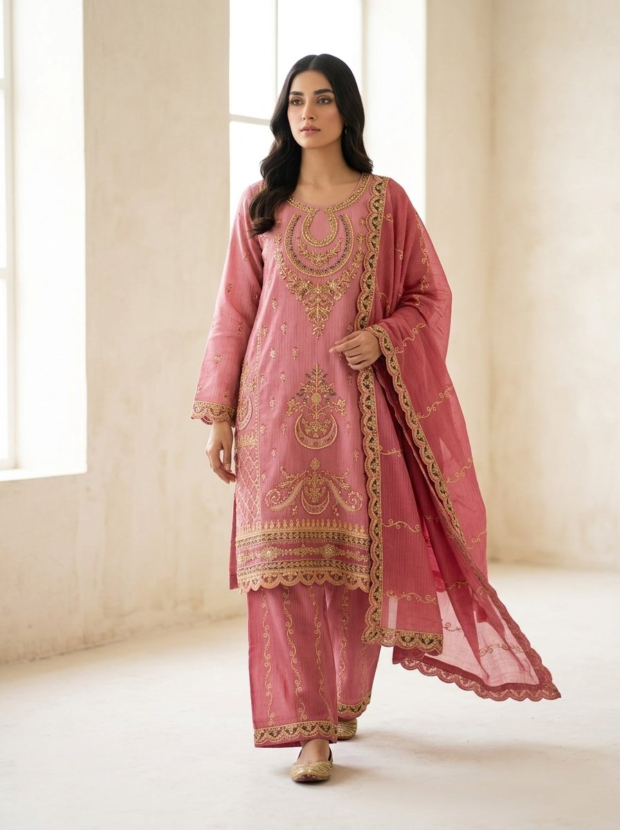 Blush Baby Pink Heavy Embroidered Winter Khaddar 3-Piece Suit – Ready to Ship Canada - Image 7