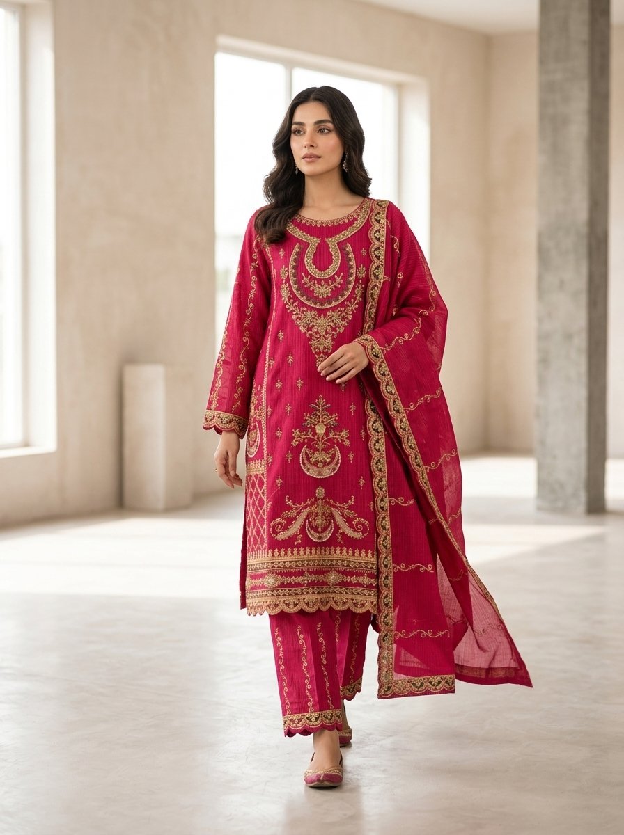Luxury Deep Crimson Red Heavy Embroidered Winter Khaddar 3-Piece Suit – Ready to Ship Canada - Image 8