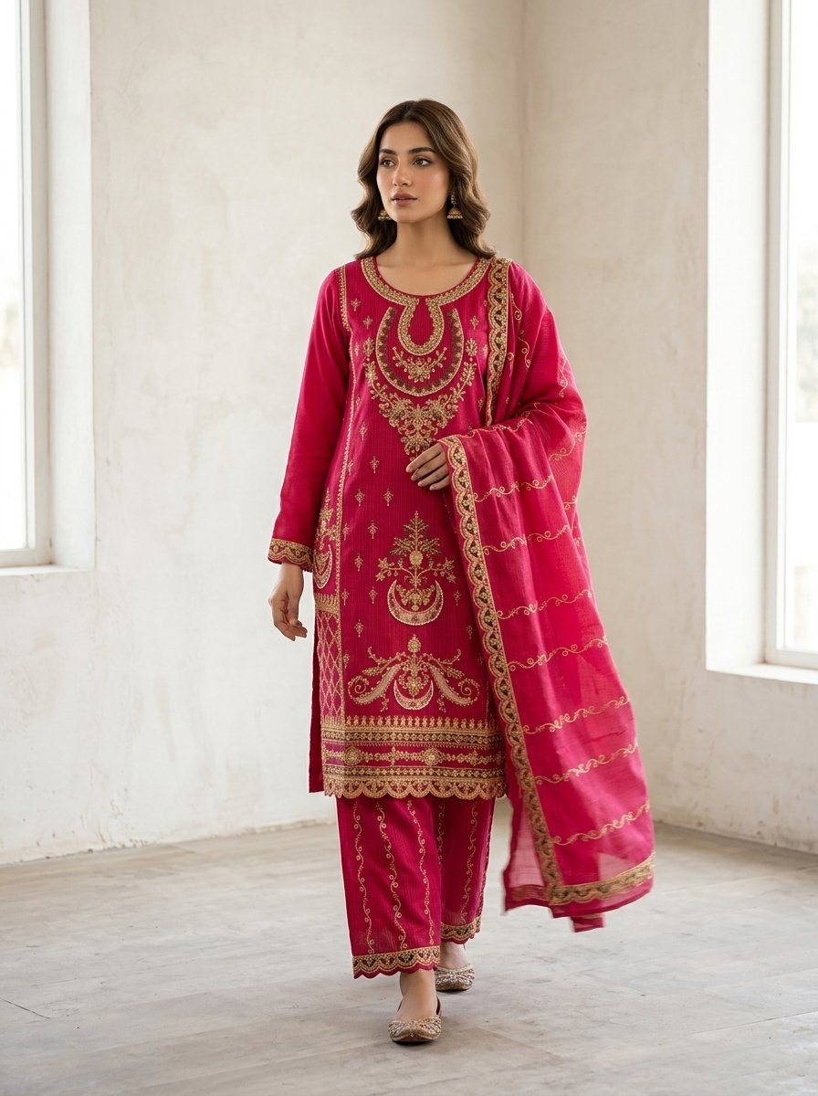 Luxury Deep Crimson Red Heavy Embroidered Winter Khaddar 3-Piece Suit – Ready to Ship Canada - Image 9