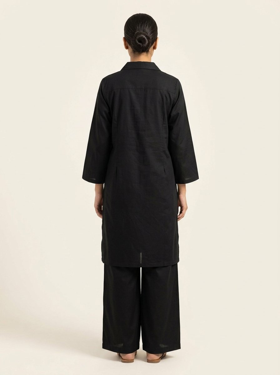 Jet Black Structured Winter Cotton Collared Tunic & Trouser Set (2-Piece) – Canada