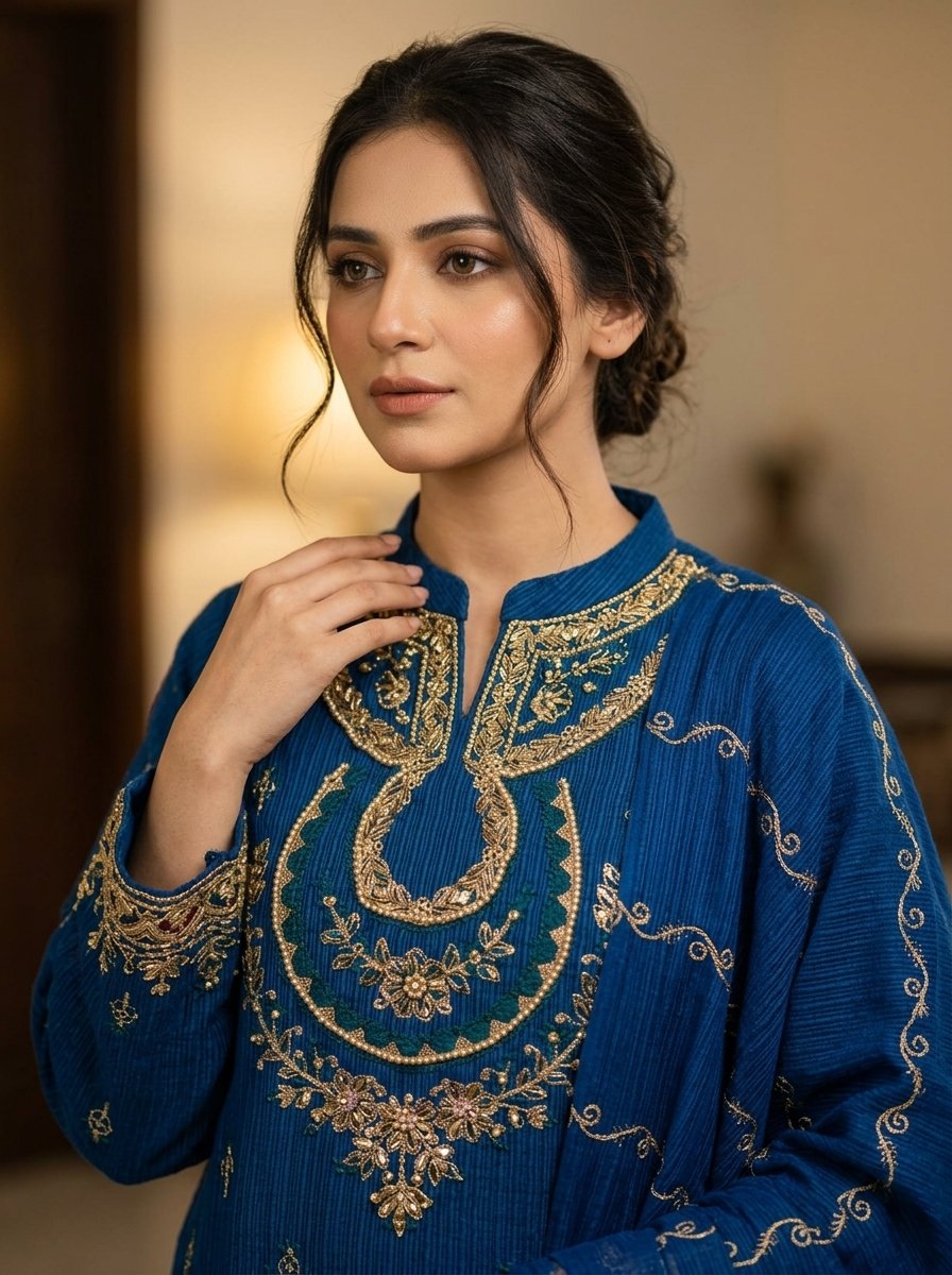Regal Royal Blue Heavy Embroidered Winter Khaddar 3-Piece Suit – Ready to Ship Canada