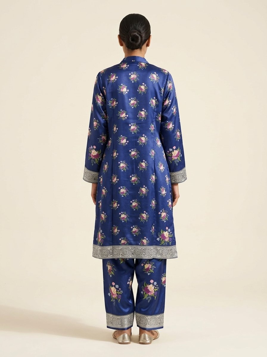 Navy Floral Plush Micro-Velvet 3-Piece Ensemble (Kurti, Open Shrug Jacket & Trouser) – Canada - Image 2