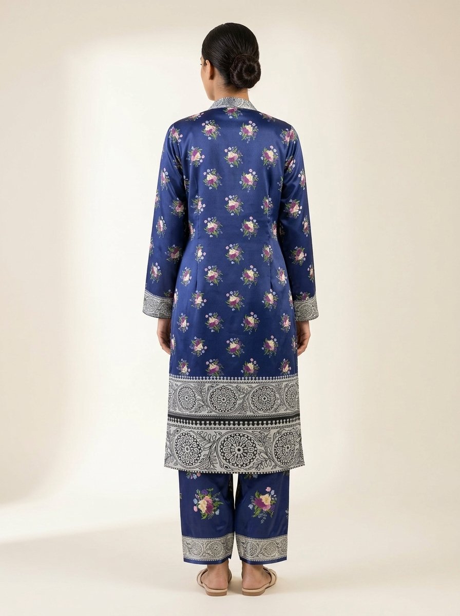 Navy Floral Plush Micro-Velvet 3-Piece Ensemble (Kurti, Open Shrug Jacket & Trouser) – Canada - Image 10