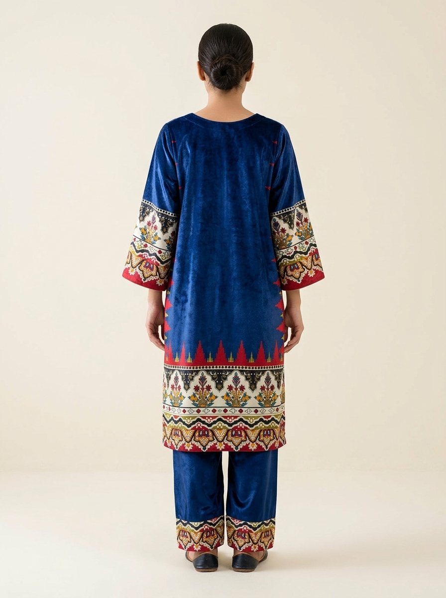 Steel Blue & Silver Digital Print Plush Velvet 2-Piece Kurti & Wide Trouser Set – Canada - Image 2