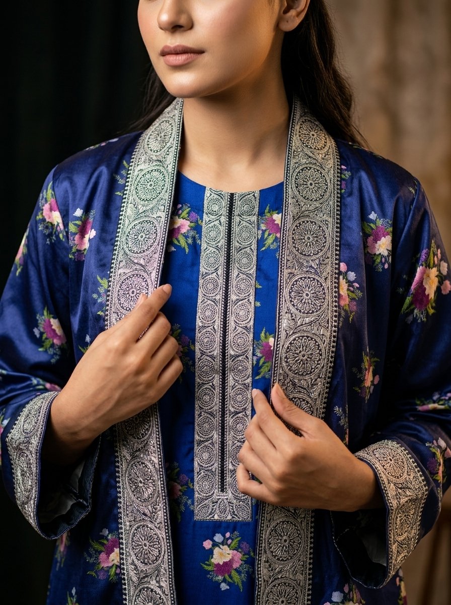 Navy Floral Plush Micro-Velvet 3-Piece Ensemble (Kurti, Open Shrug Jacket & Trouser) – Canada - Image 3