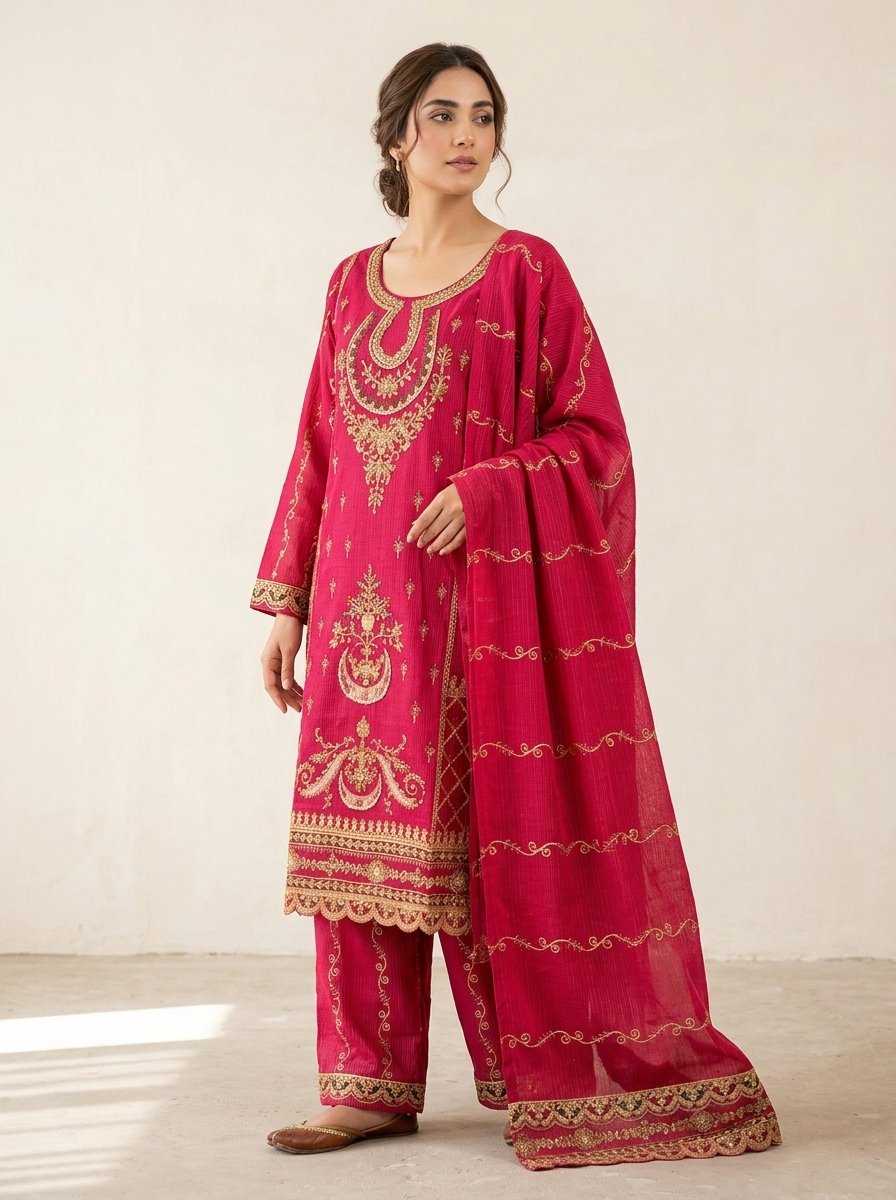Luxury Deep Crimson Red Heavy Embroidered Winter Khaddar 3-Piece Suit – Ready to Ship Canada - Image 3