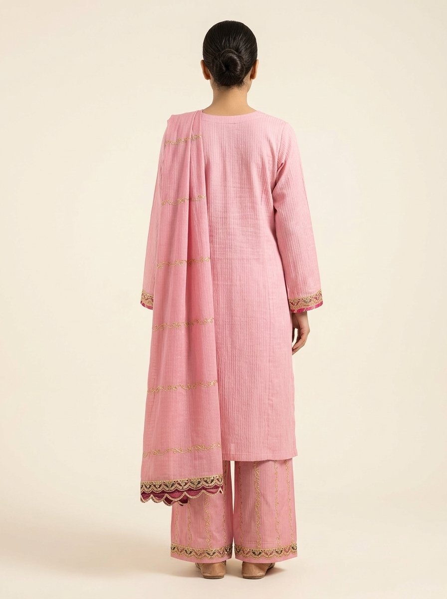 Blush Baby Pink Heavy Embroidered Winter Khaddar 3-Piece Suit – Ready to Ship Canada - Image 2