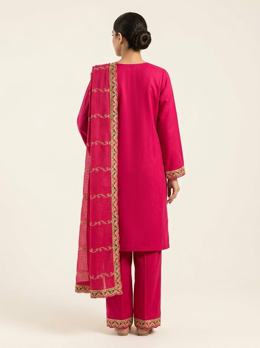 Luxury Deep Crimson Red Heavy Embroidered Winter Khaddar 3-Piece Suit – Ready to Ship Canada - Image 5