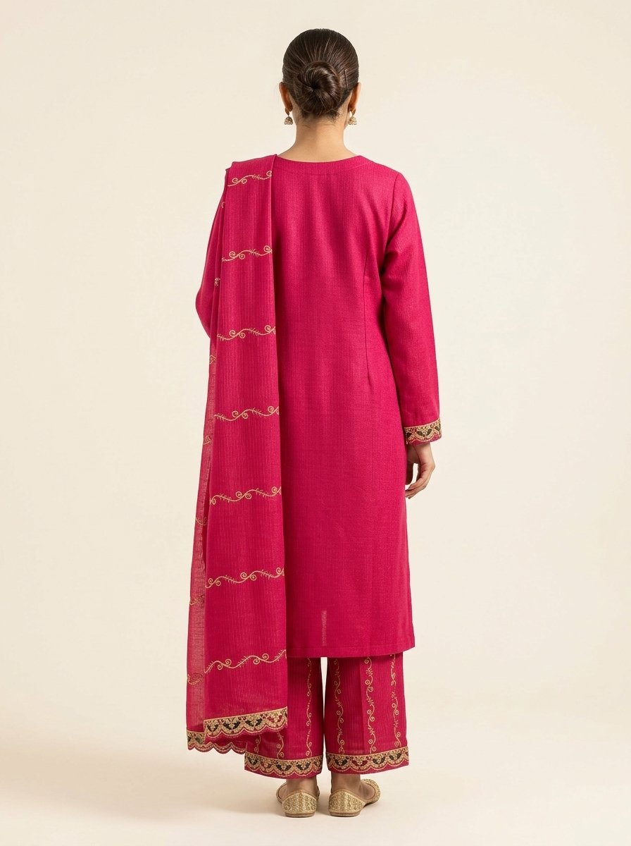 Luxury Deep Crimson Red Heavy Embroidered Winter Khaddar 3-Piece Suit – Ready to Ship Canada - Image 6