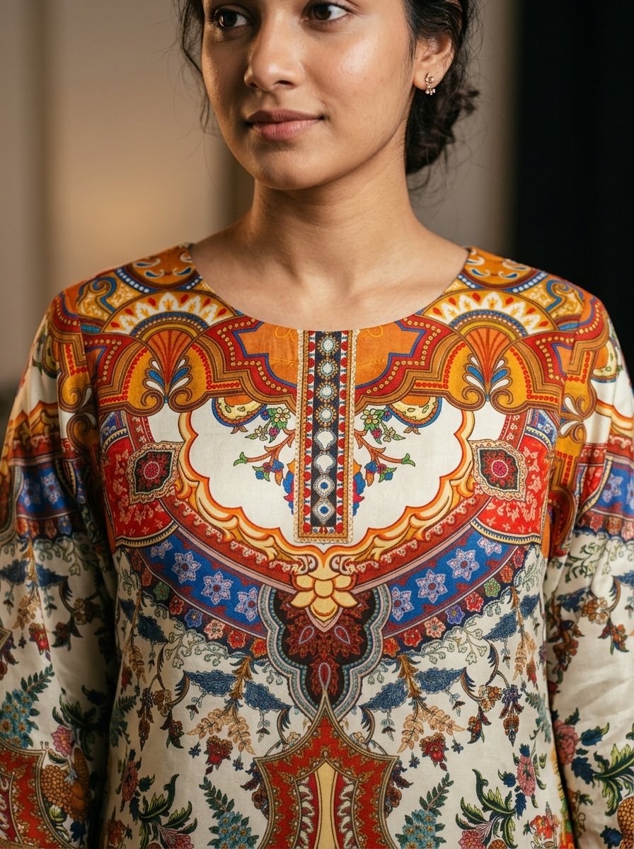 Mughal Baroque Gold & Emerald Digital Print Plush Velvet 2-Piece Kurti & Trouser – Canada