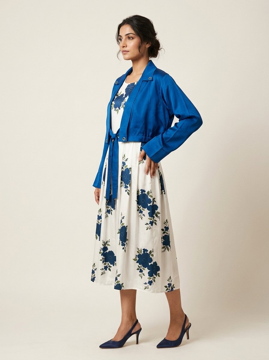 Monochrome Floral Pure Silk Midi Dress with Jet Black Silk Bolero Shrug (2-Piece) – Canada