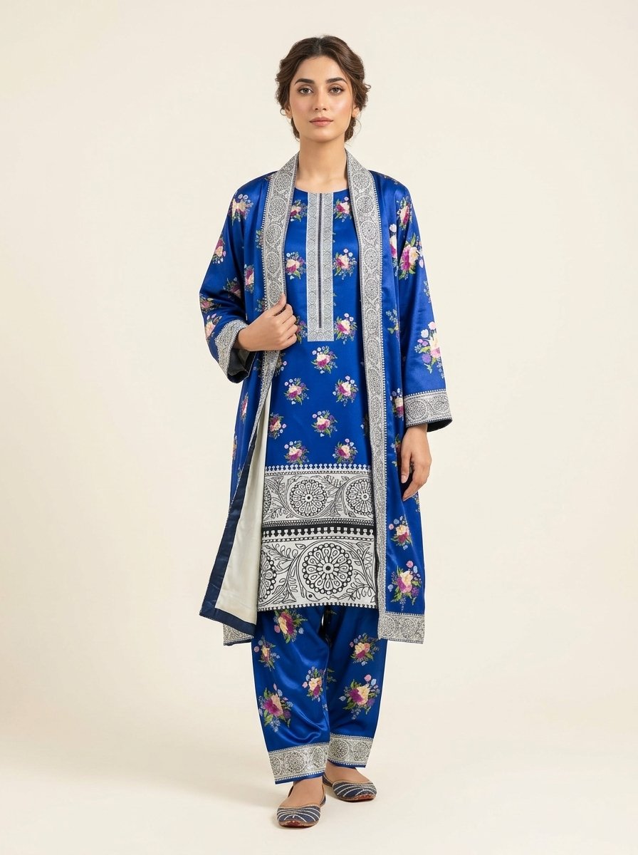 Navy Floral Plush Micro-Velvet 3-Piece Ensemble (Kurti, Open Shrug Jacket & Trouser) – Canada - Image 4