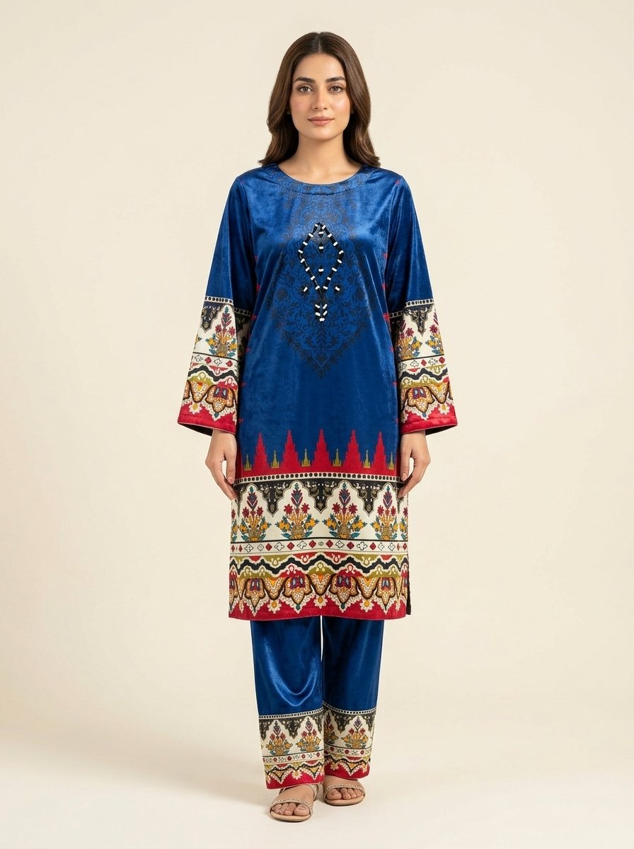 Steel Blue & Silver Digital Print Plush Velvet 2-Piece Kurti & Wide Trouser Set – Canada - Image 3