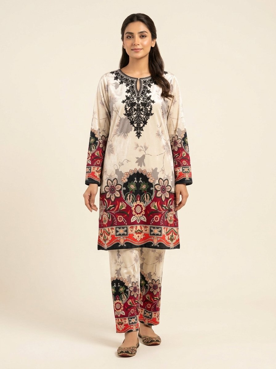 Warm Cream & Deep Maroon Damask Digital Print Plush Velvet 2-Piece Kurti & Trouser – Canada