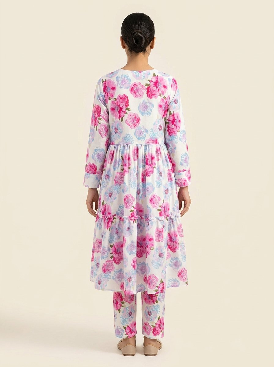 English Rose Tiered Gathered Winter Khaddar Midi Frock & Wide Palazzo 2-Piece Set – Canada