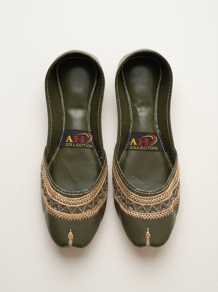 Olive Green Cutwork Wedge Khussa with Gold Tilla Ankle Strap – Canada