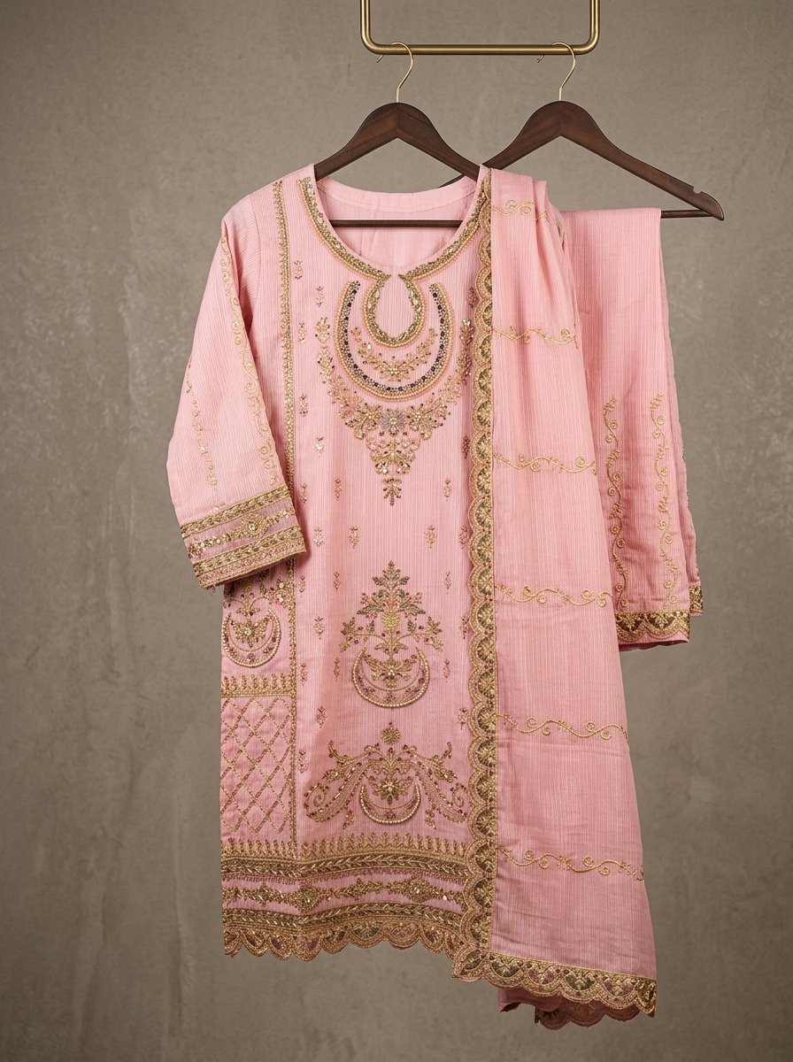 Blush Baby Pink Heavy Embroidered Winter Khaddar 3-Piece Suit – Ready to Ship Canada - Image 11