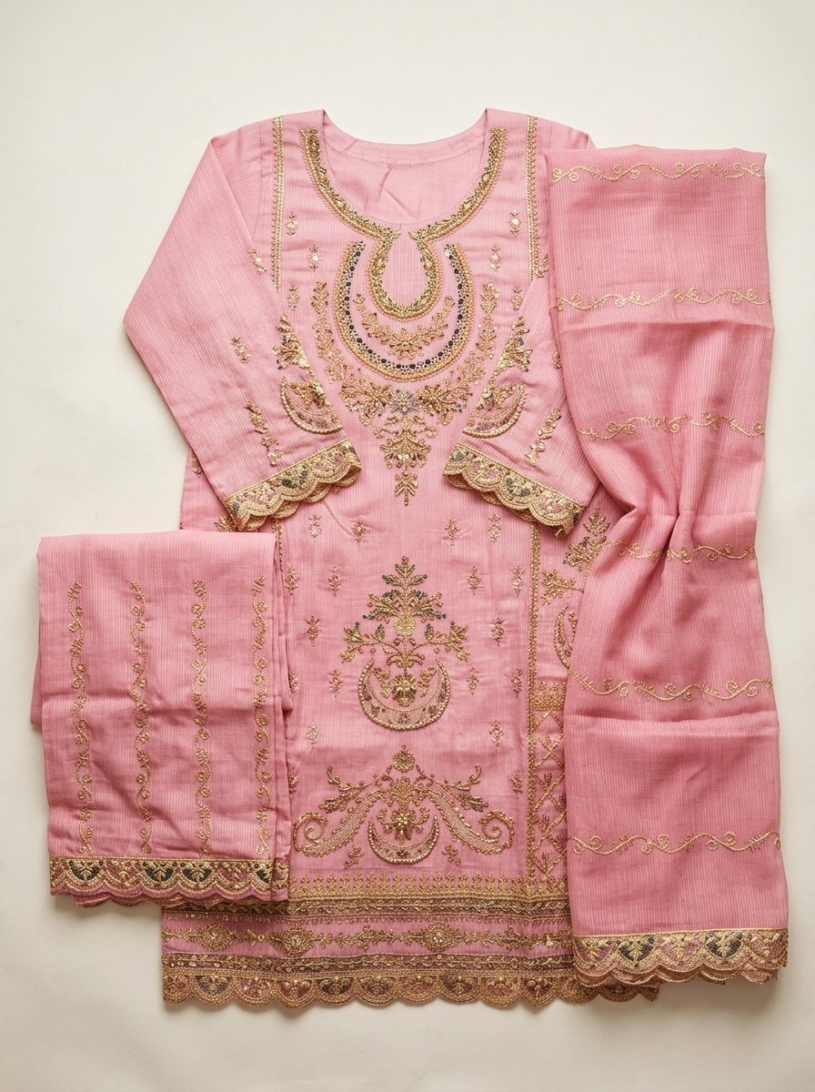 Blush Baby Pink Heavy Embroidered Winter Khaddar 3-Piece Suit – Ready to Ship Canada - Image 19